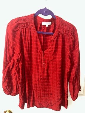 LOFT Crimson Red Textured V-Neck Blouse